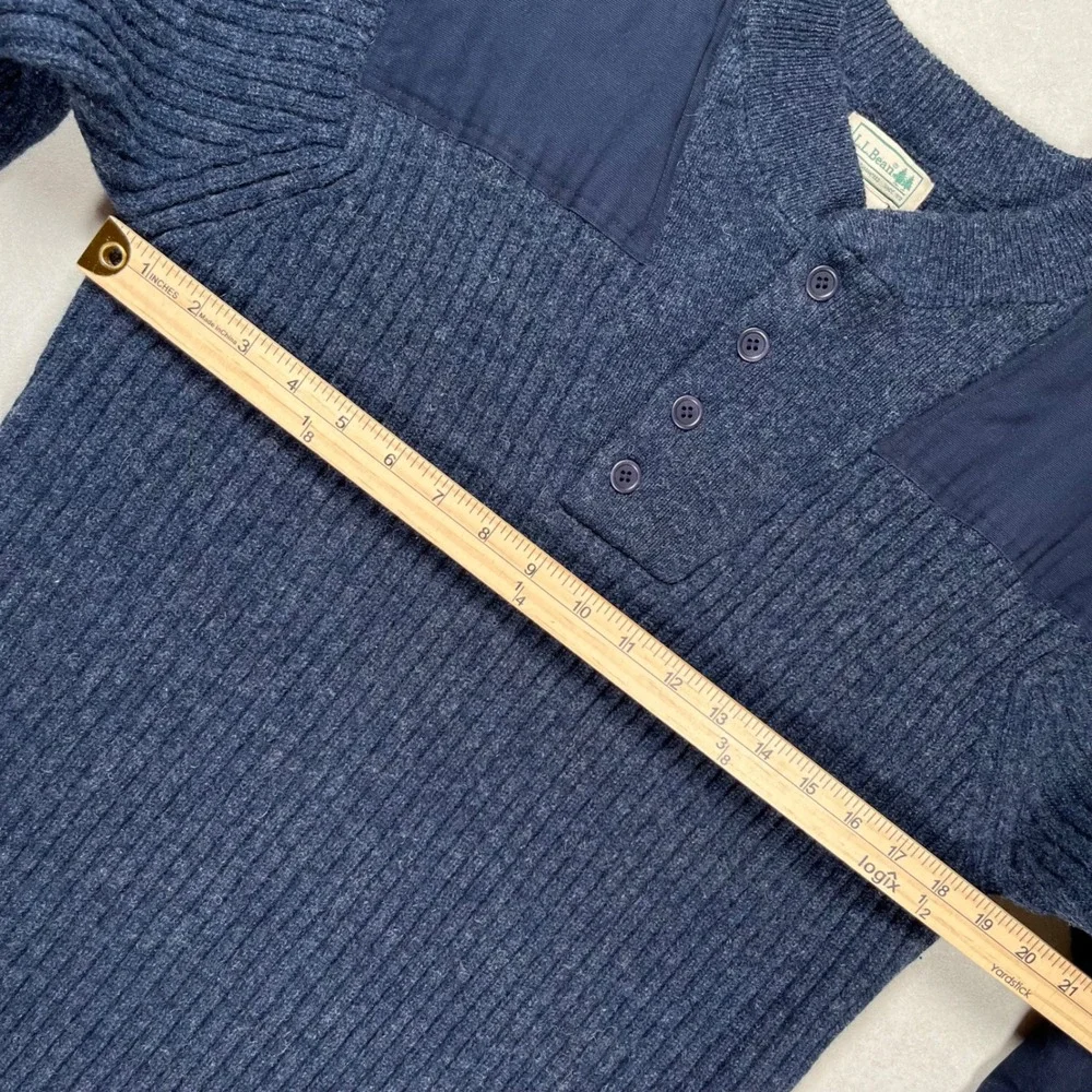 LL Bean Commando Henley Sweater Men Large Navy Merino Lambswool Ribbed Patches